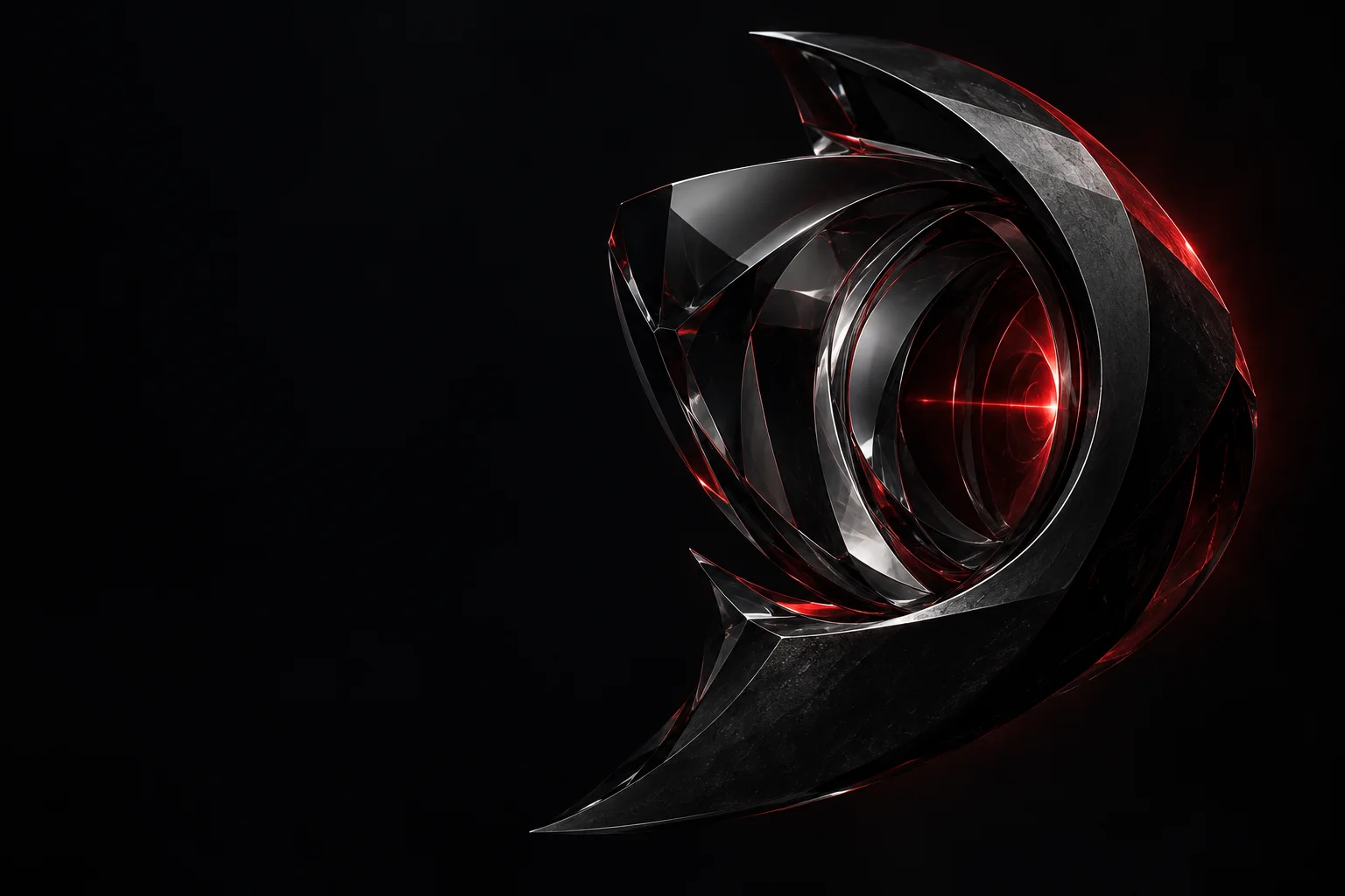 A faceted graphite observation prism emerging from darkness, with nested glass and a crimson aperture.